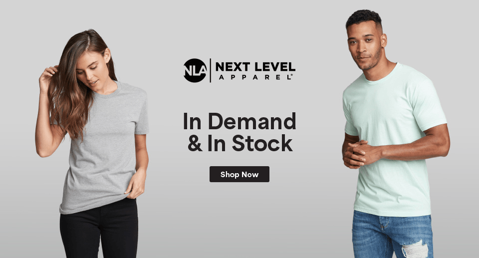 Two people wearing gray and light blue t-shirts with 'Next Level Apparel' branding on a gray background.