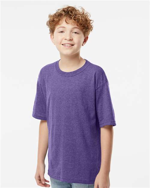 Youth Gold Soft Touch T-Shirt - OnModelSide - B01842682 - Heather Purple