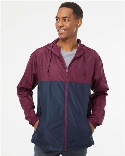 Men's Lightweight Windbreaker Full-Zip Jacket - OnModelFront - B21876543 - Maroon/ Classic Navy