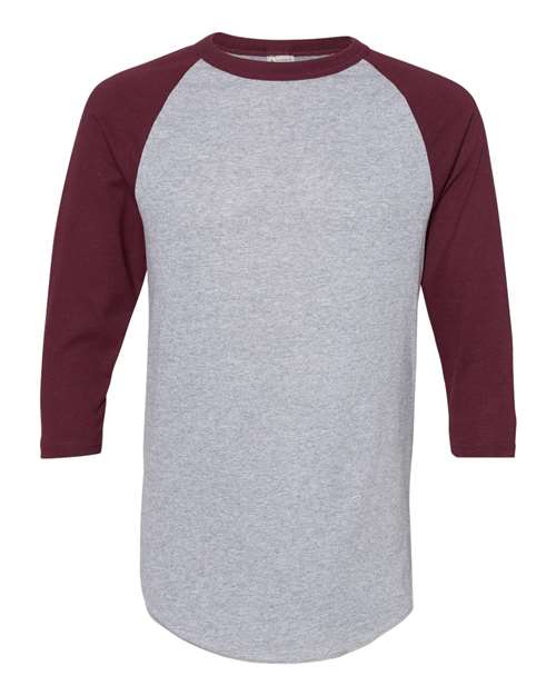 Unisex Three-Quarter Raglan Sleeve Baseball Jersey T-Shirt - Front - B59034543 - Athletic Heather/ Maroon
