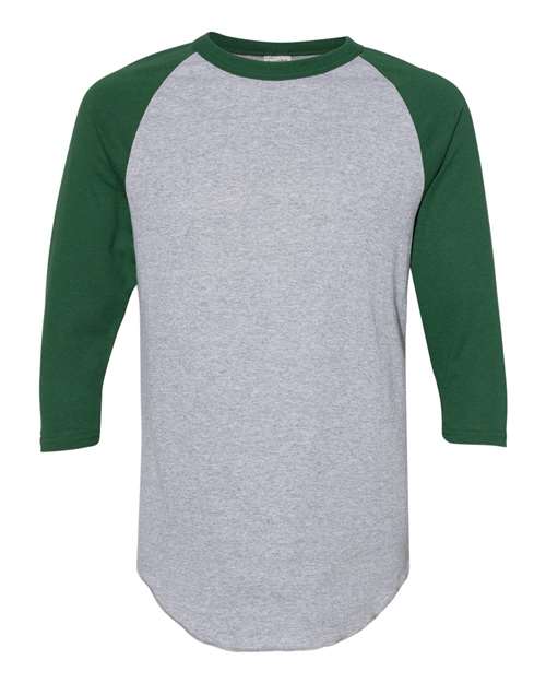 Unisex Three-Quarter Raglan Sleeve Baseball Jersey T-Shirt - Front - B59034563 - Athletic Heather/ Dark Green