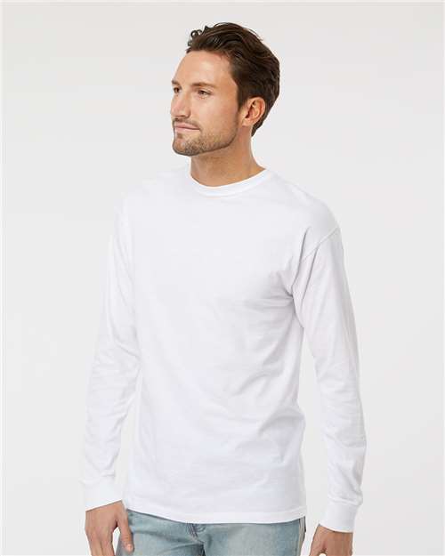 Unisex Gold Soft Touch Long Sleeve T-Shirt - OnModelSide - B01742002 - White