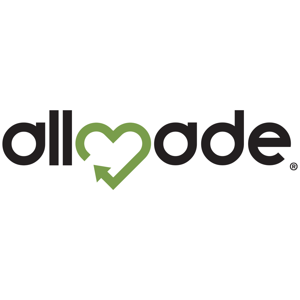 Allmade logo with a green heart and arrow on a white background