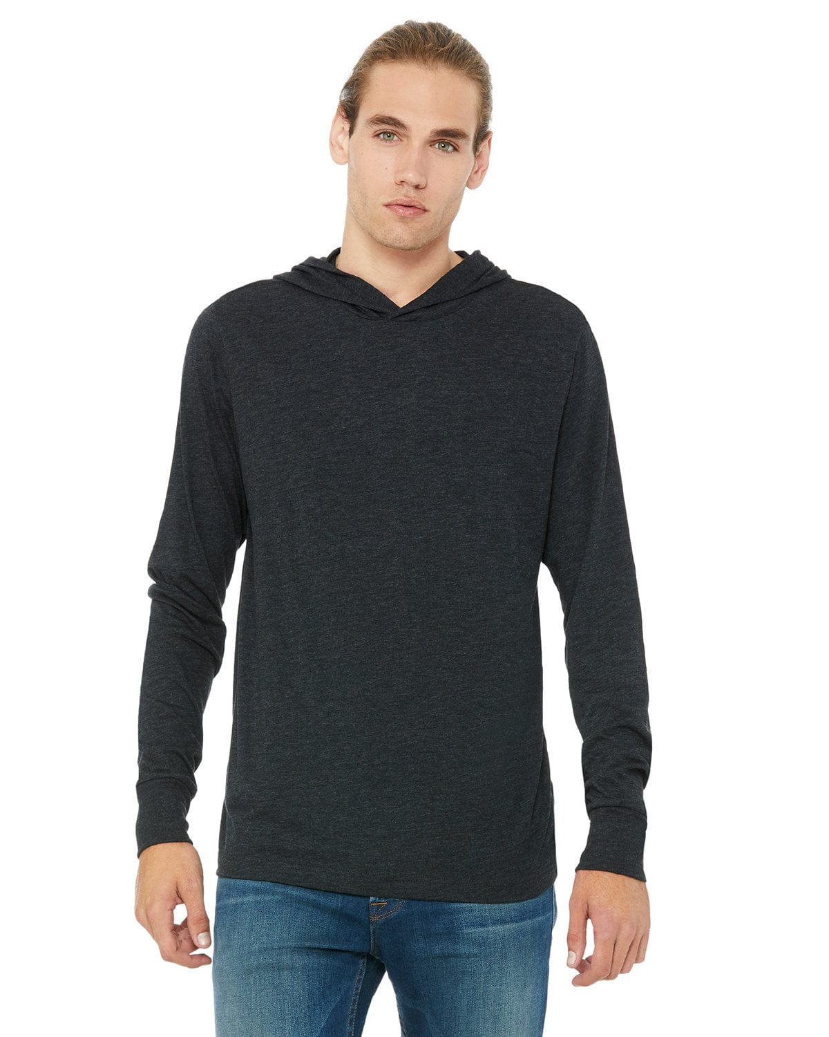 BELLA+CANVAS 3512: Unisex Jersey Long Sleeve Hoodie in Chrc Blk Triblnd