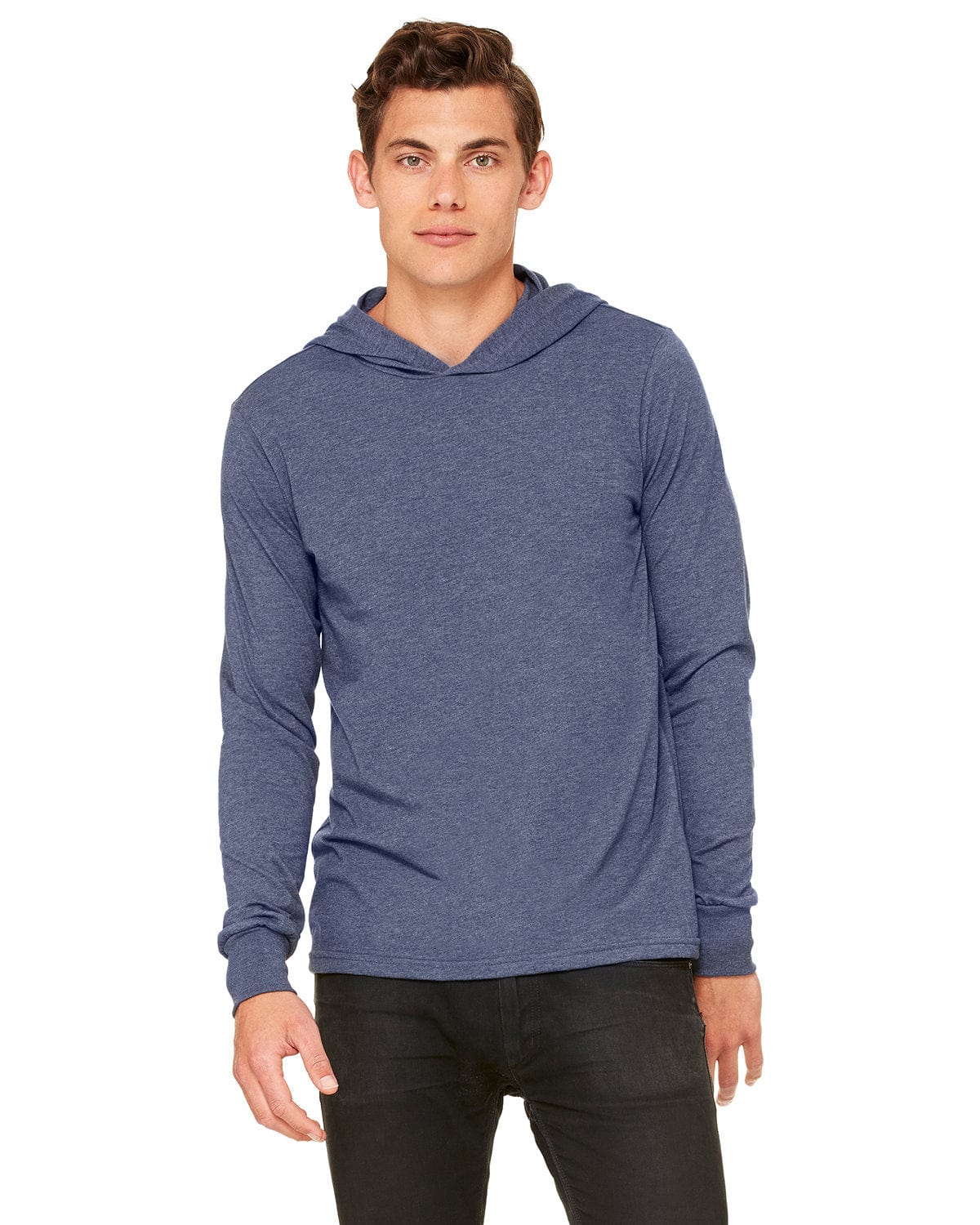 BELLA+CANVAS 3512: Unisex Jersey Long Sleeve Hoodie in Heather Navy