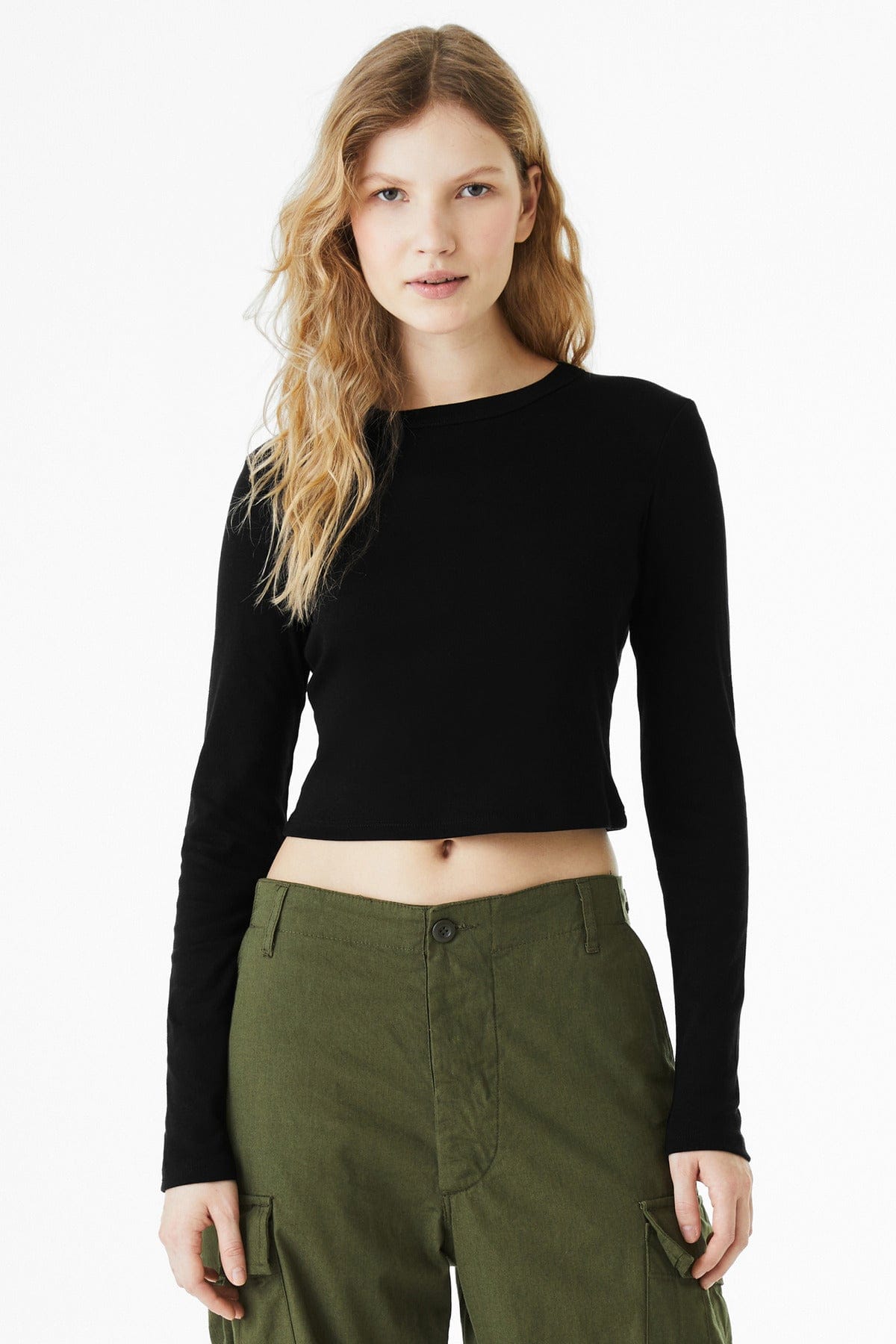 BELLA+CANVAS Women's Micro Rib Long Sleeve Baby Tee BC1501 in Solid Black Blend