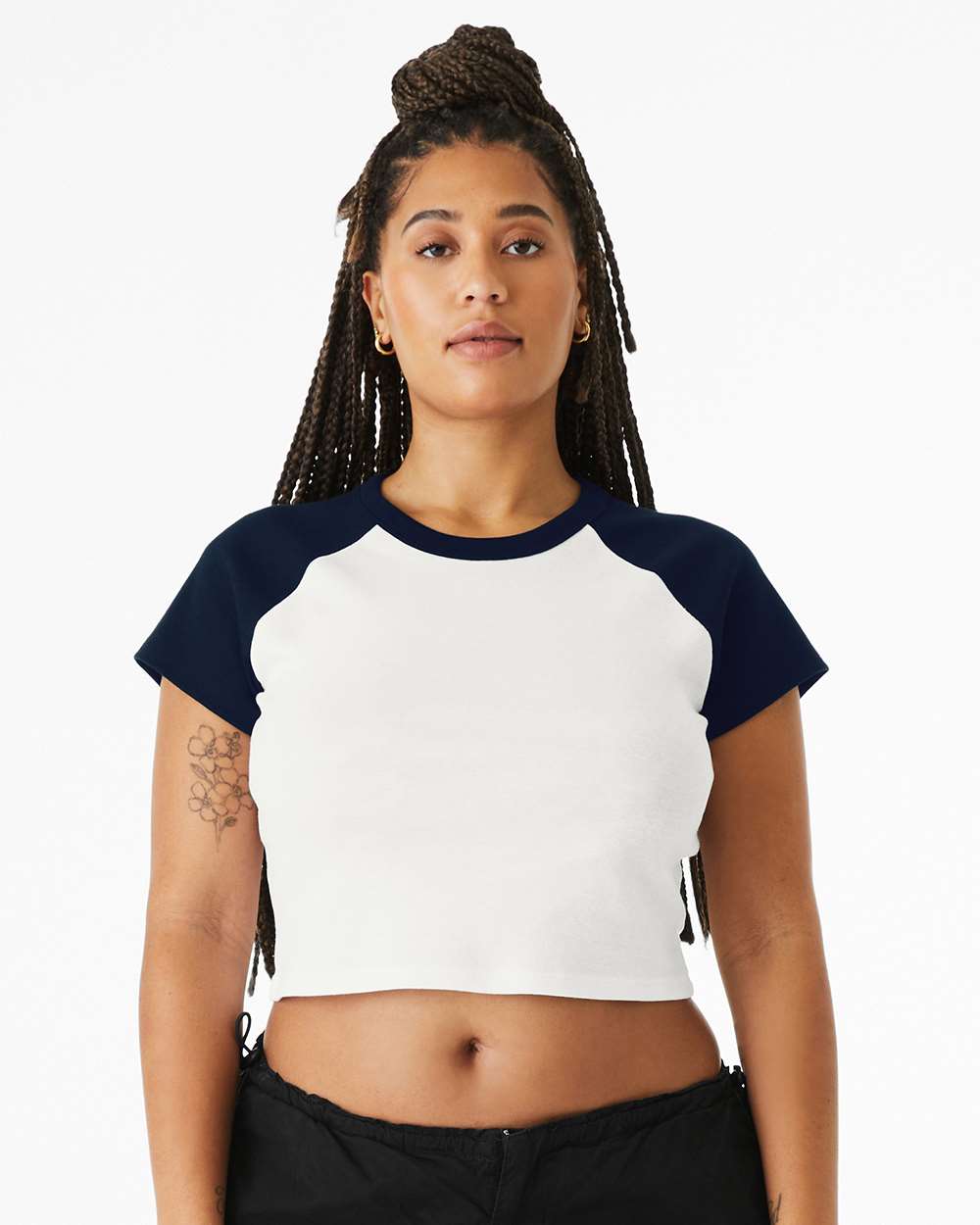 Bella+Canvas 1201 Women's Micro Rib Raglan Baby Tee in White/ Navy