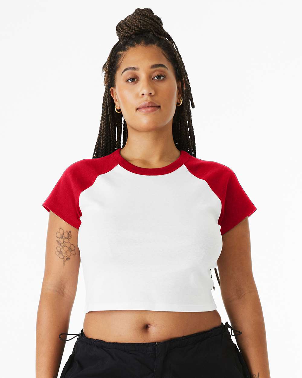 Bella+Canvas 1201 Women's Micro Rib Raglan Baby Tee in White/ Red