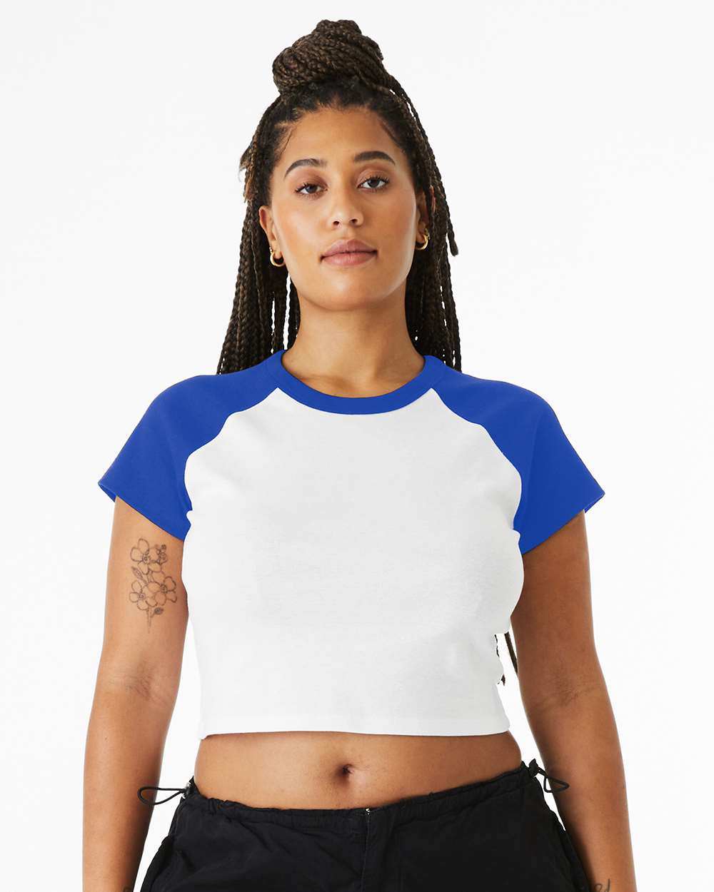 Bella+Canvas 1201 Women's Micro Rib Raglan Baby Tee in White/ True Royal