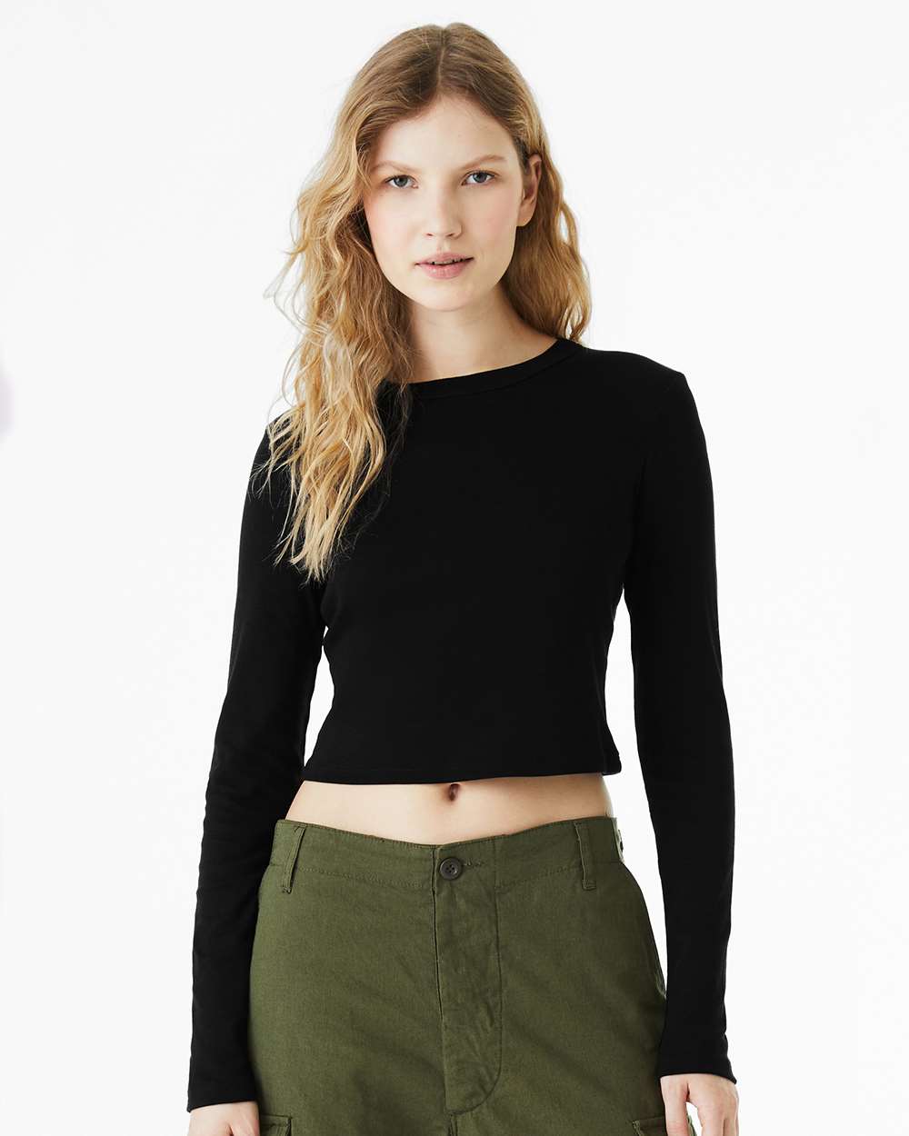 Bella+Canvas 1501 Women's Micro Rib Long Sleeve Baby Tee in Solid Black Blend