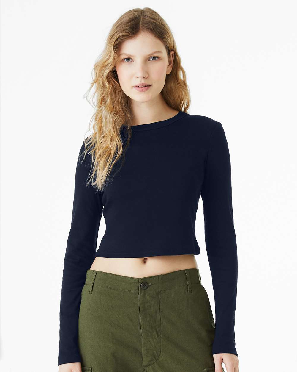 Bella+Canvas 1501 Women's Micro Rib Long Sleeve Baby Tee in Solid Navy Blend