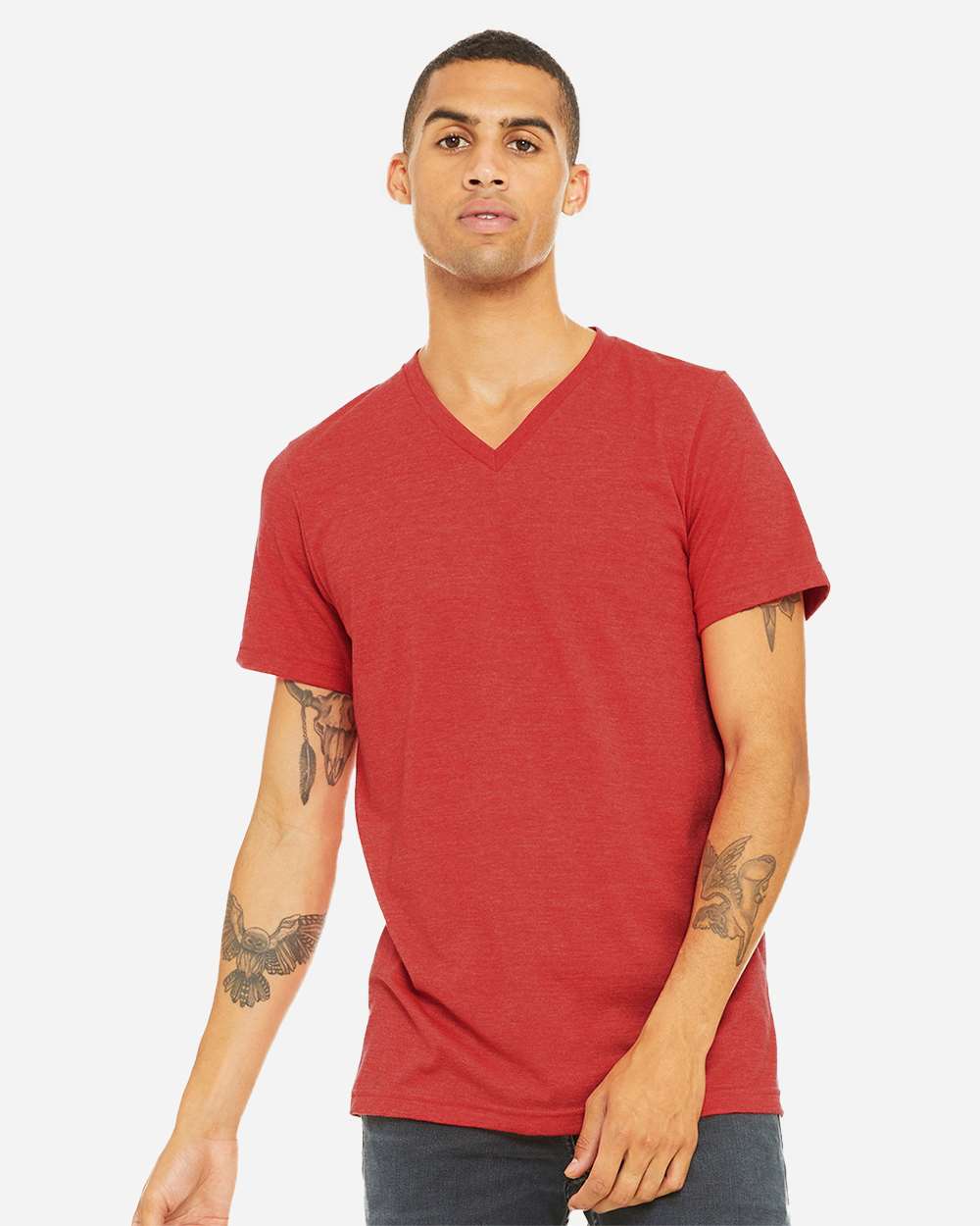 Bella+Canvas 3005CVC Unisex Heather CVC V-Neck Tee in Heather Red