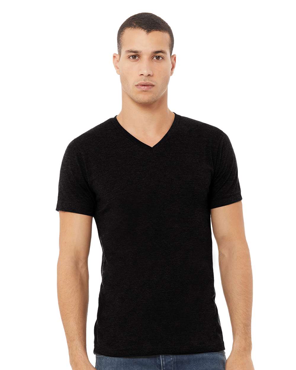 Bella+Canvas 3005CVC Unisex Heather CVC V-Neck Tee in Solid Black Blend
