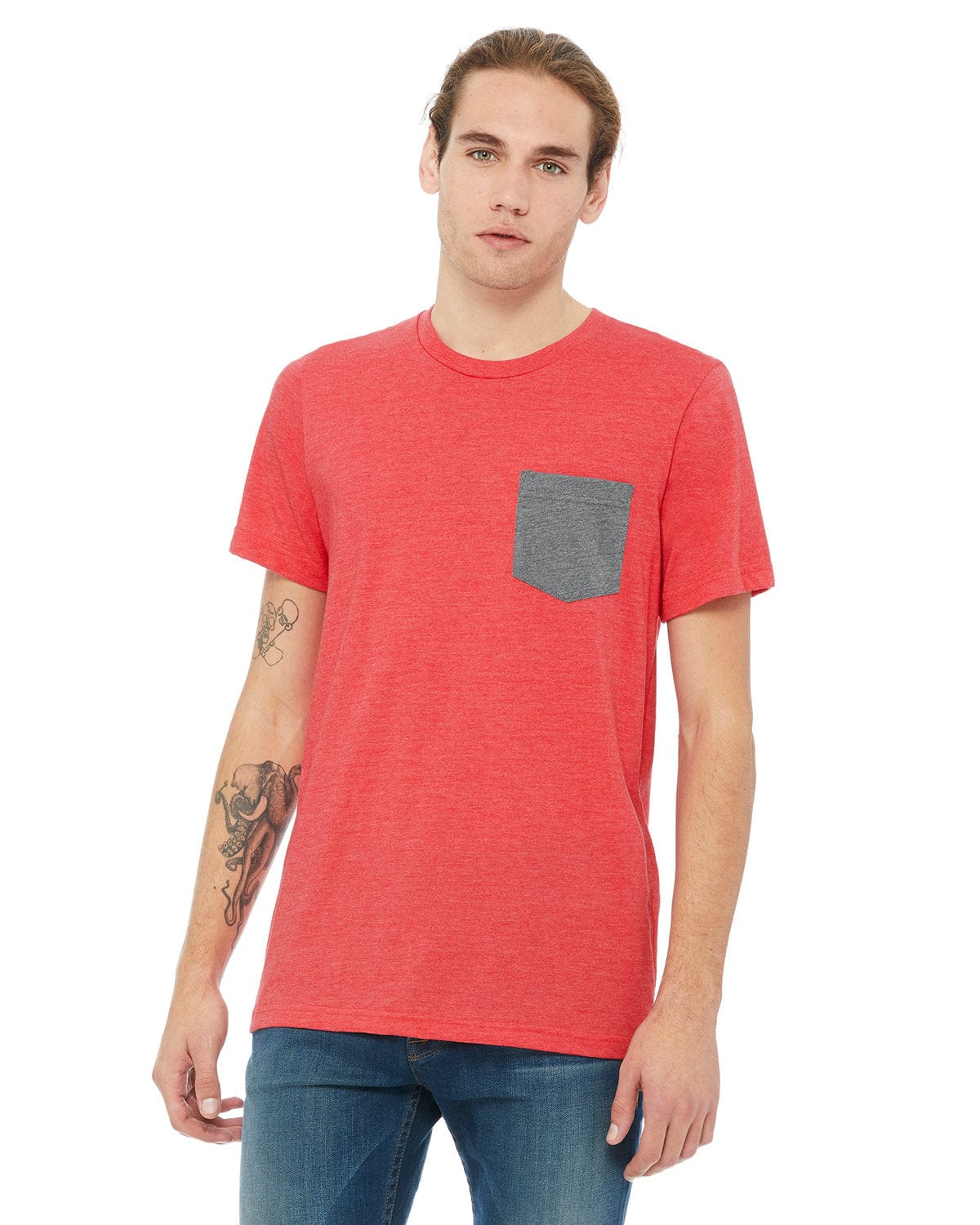 Bella+Canvas 3021: Men's Jersey Pocket T-Shirt in Hthr Red/ Dp Hth