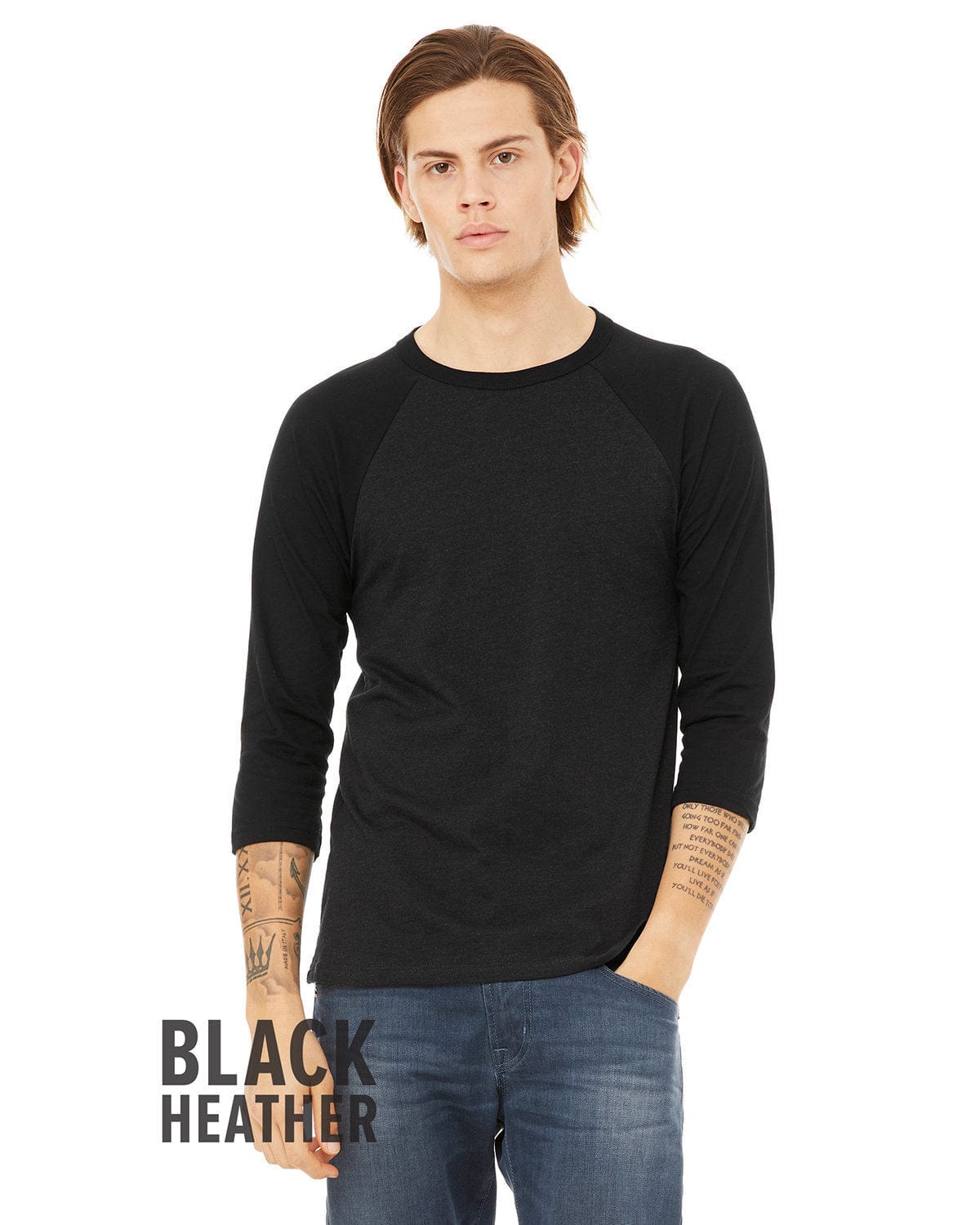 Bella+Canvas 3200: Raglan Sleeve in Blk Heather/ Blk