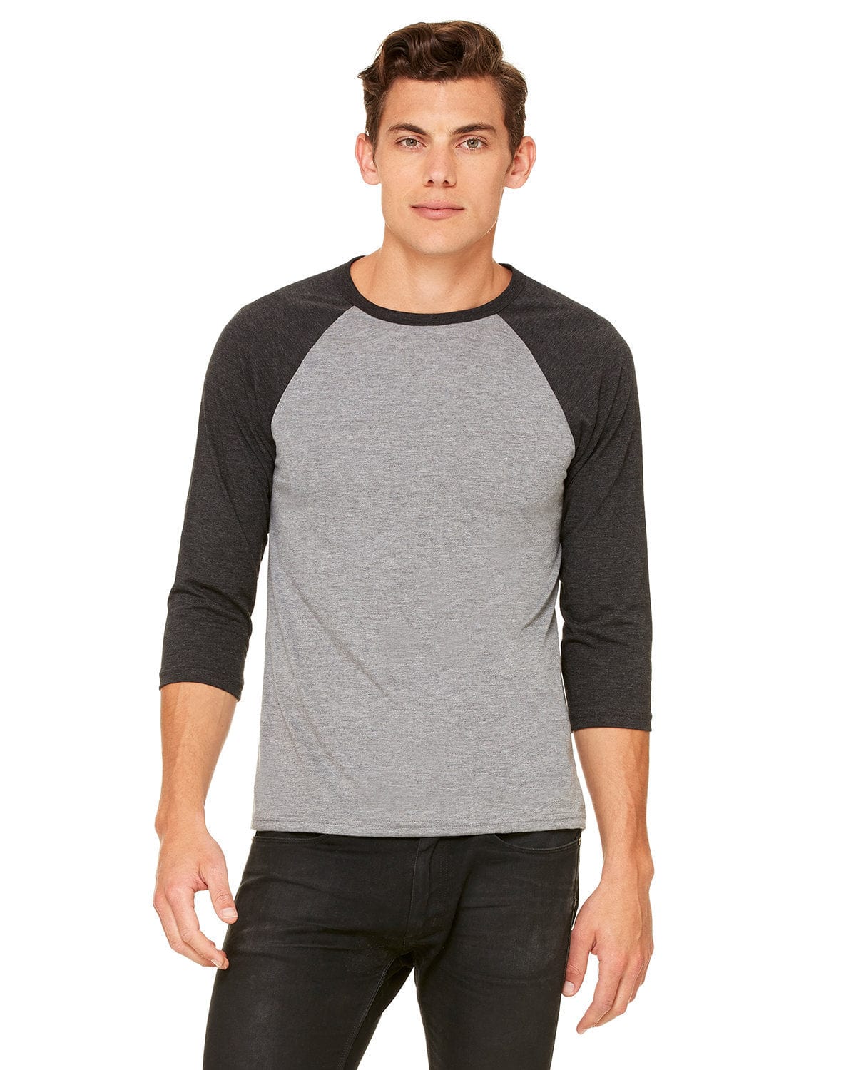 Bella+Canvas 3200: Raglan Sleeve in Gry/ Chr Blk Trb
