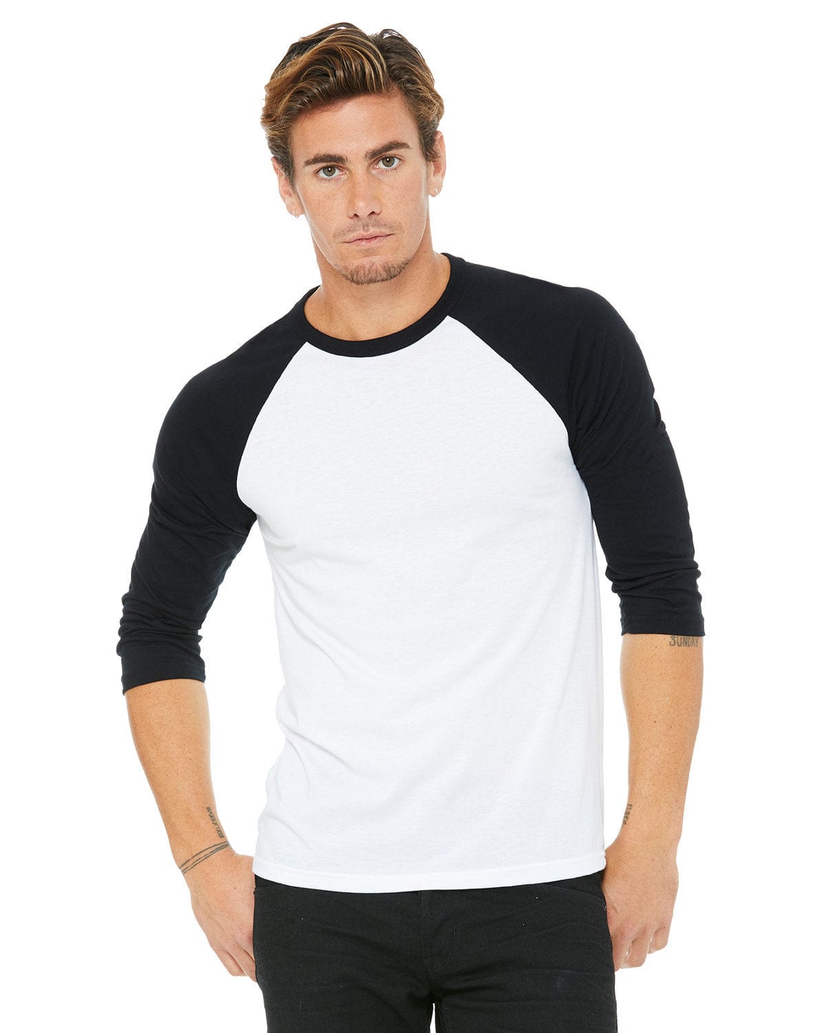 Bella+Canvas 3200: Raglan Sleeve in White/ Black