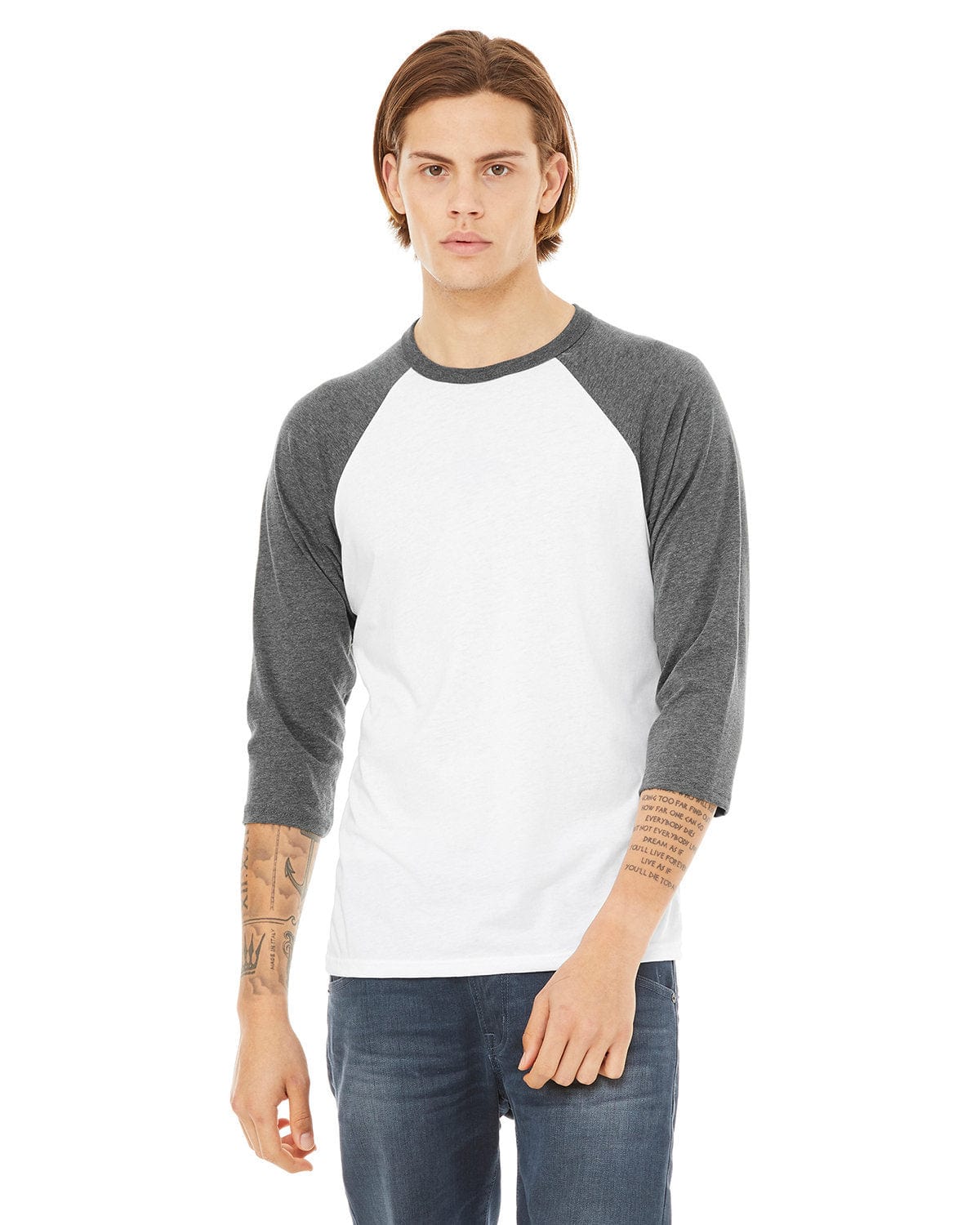 Bella+Canvas 3200: Raglan Sleeve in White/ Deep Hthr