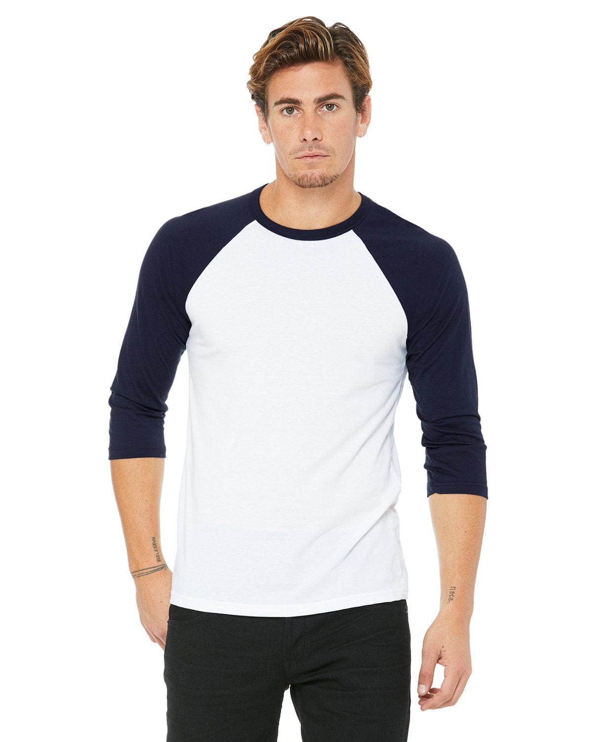 Bella+Canvas 3200: Raglan Sleeve in White/ Navy