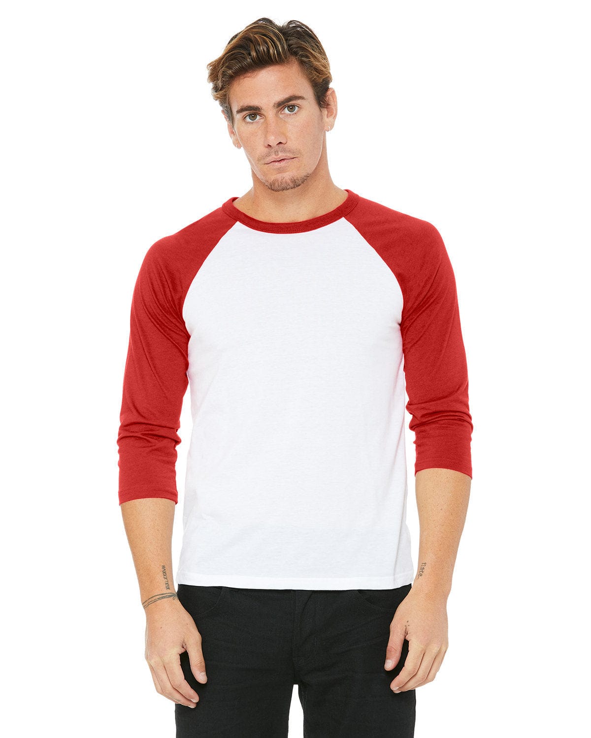 Bella+Canvas 3200: Raglan Sleeve in White/ Red