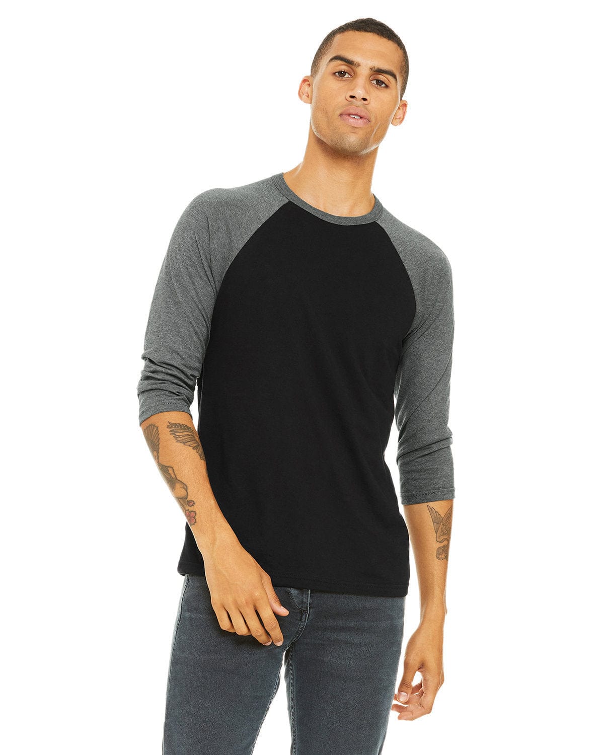 Bella+Canvas 3200: Unisex 3/4-Sleeve Baseball T-Shirt in Black/ Deep Hthr