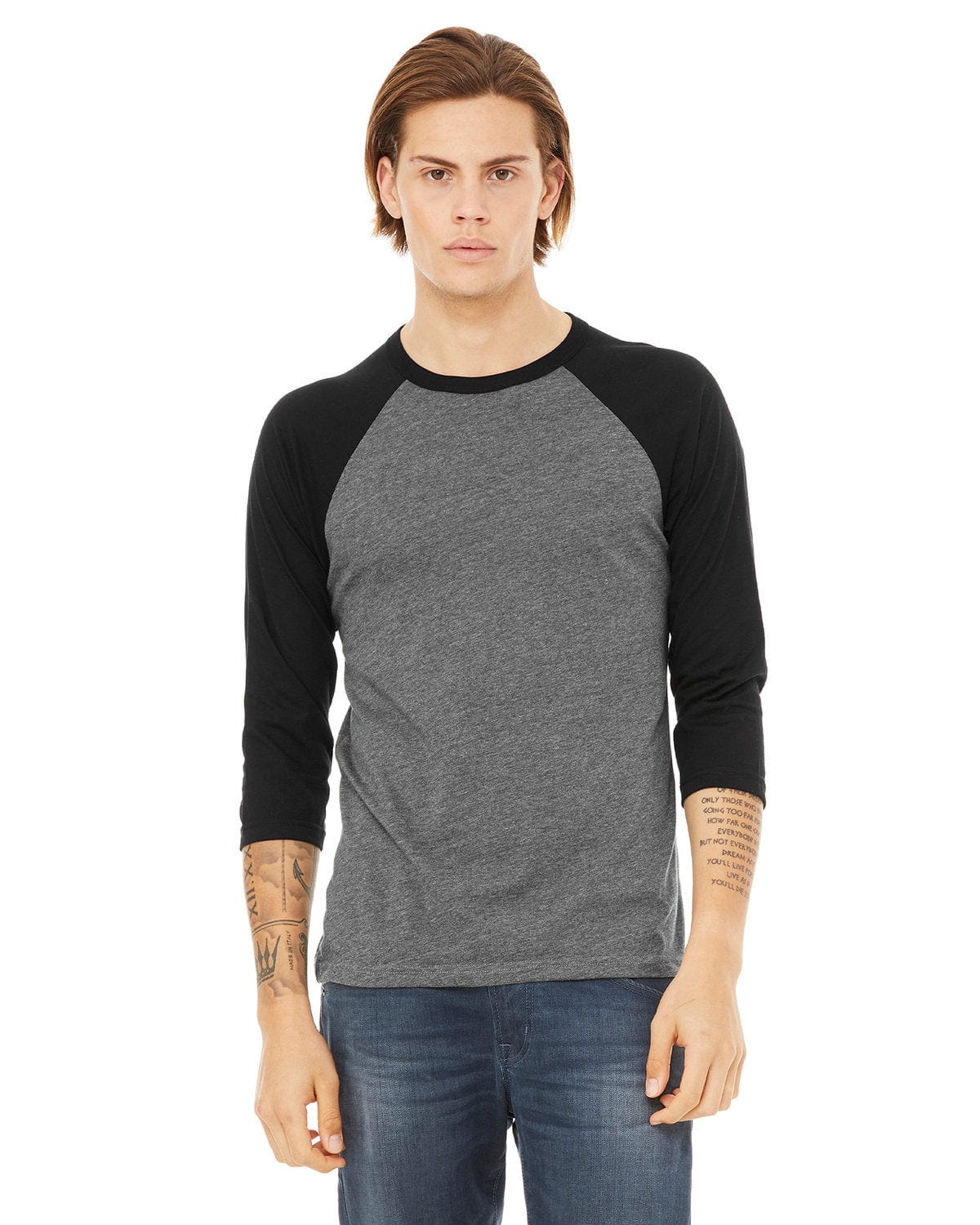 Bella+Canvas 3200: Unisex 3/4-Sleeve Baseball T-Shirt in Deep Hthr/ Black