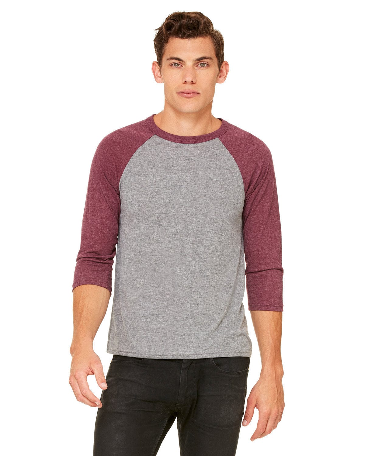 Bella+Canvas 3200: Unisex 3/4-Sleeve Baseball T-Shirt in Gry/ Maroon Trb