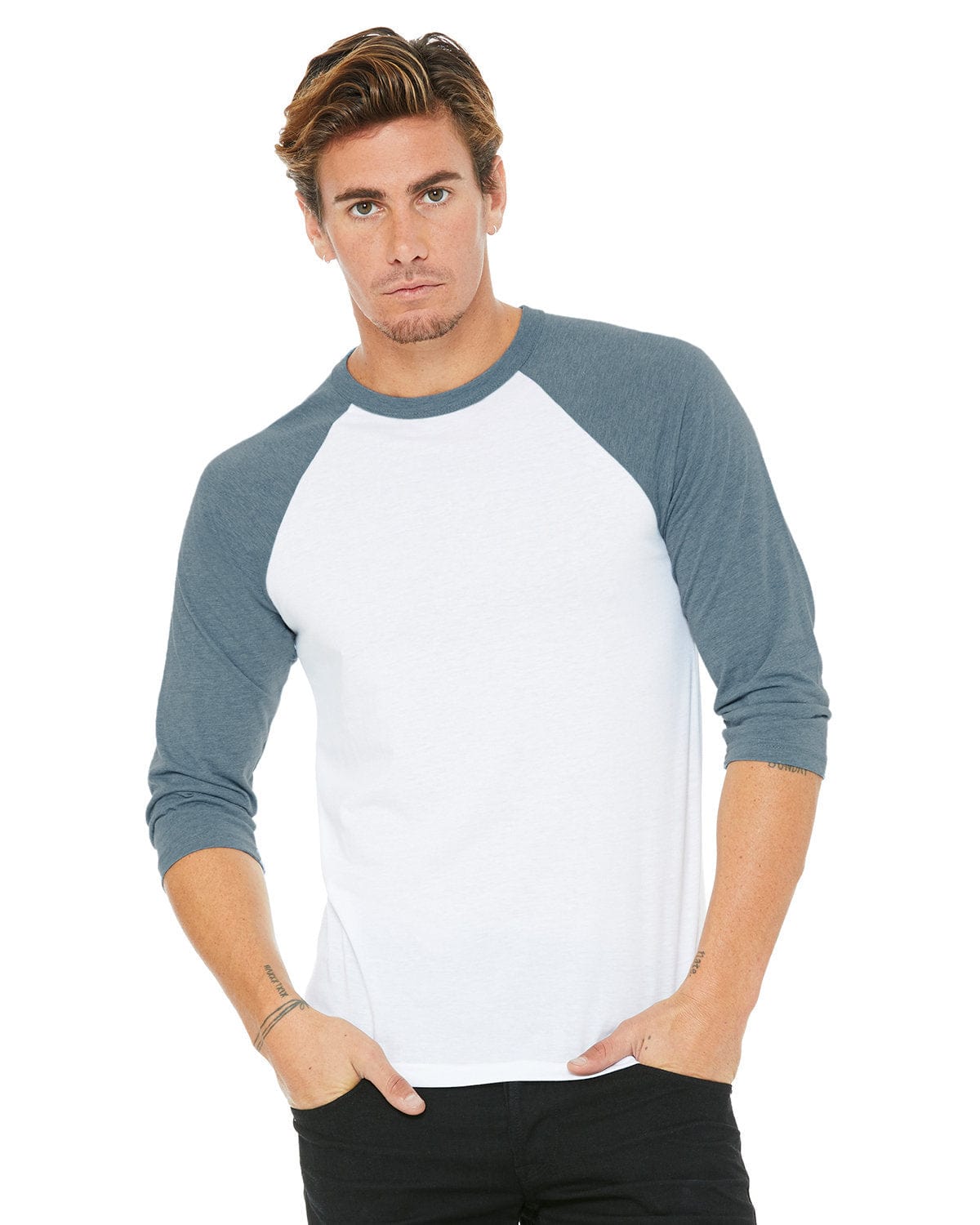 Bella+Canvas 3200: Unisex 3/4-Sleeve Baseball T-Shirt in White/ Denim