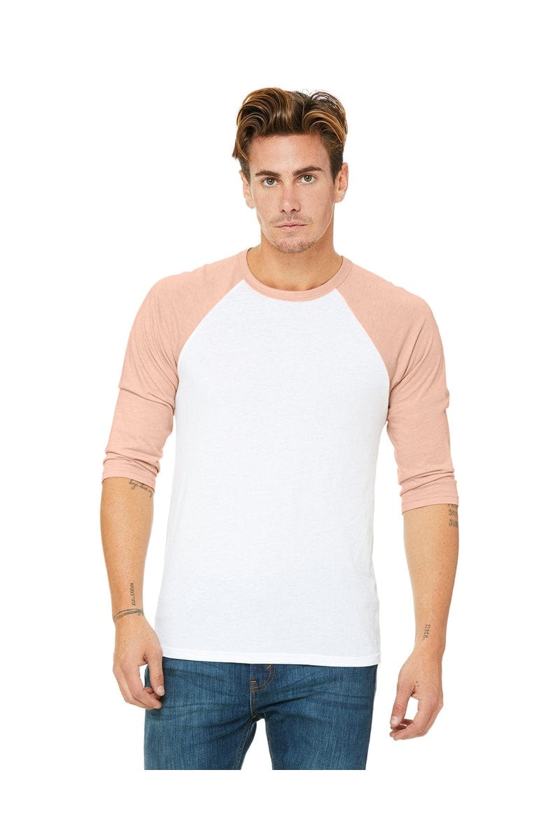 Bella+Canvas 3200: Unisex 3/4-Sleeve Baseball T-Shirt in Wht/ Hthr Peach