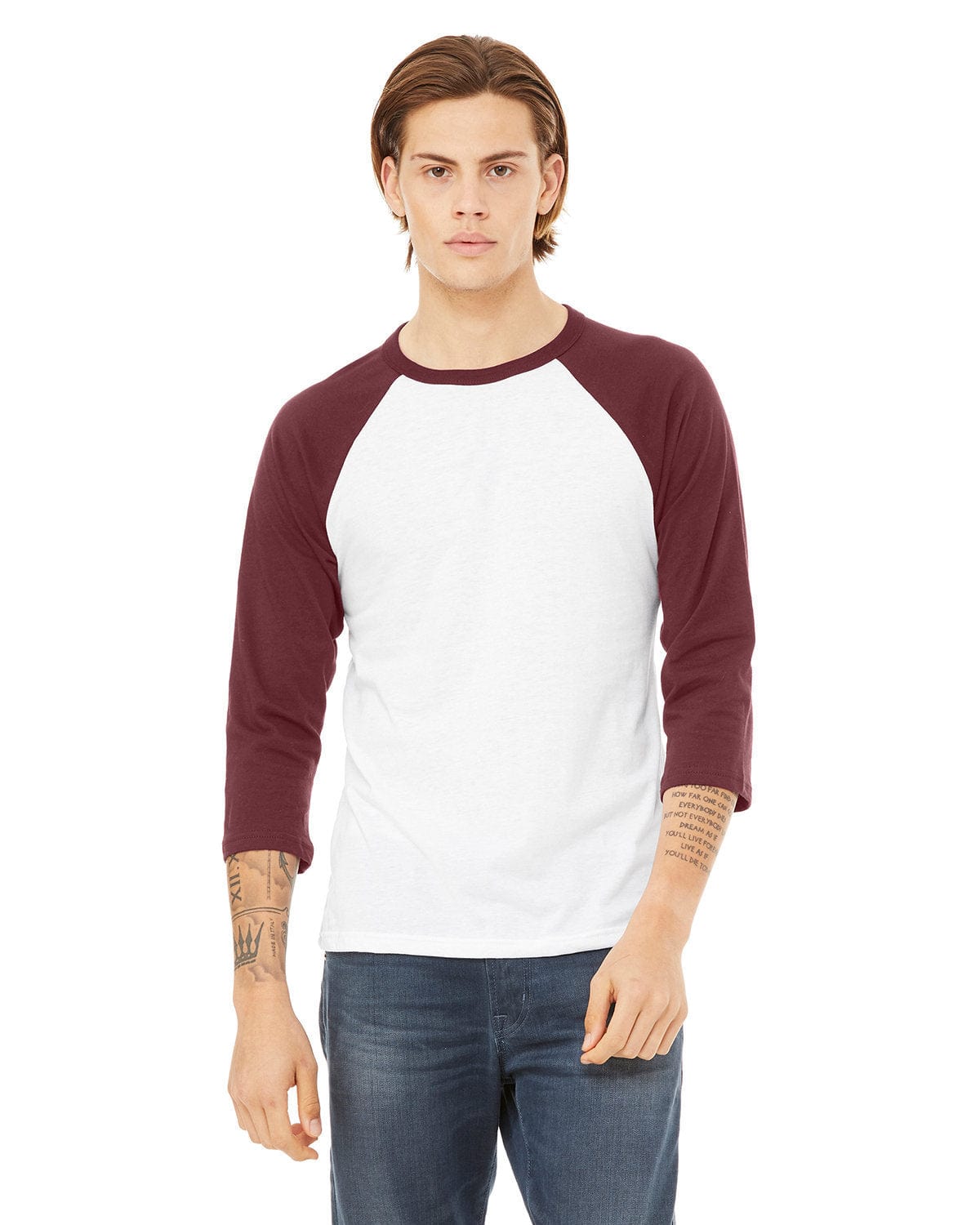 Bella+Canvas 3200: Unisex 3/4-Sleeve Baseball T-Shirt in White/ Maroon