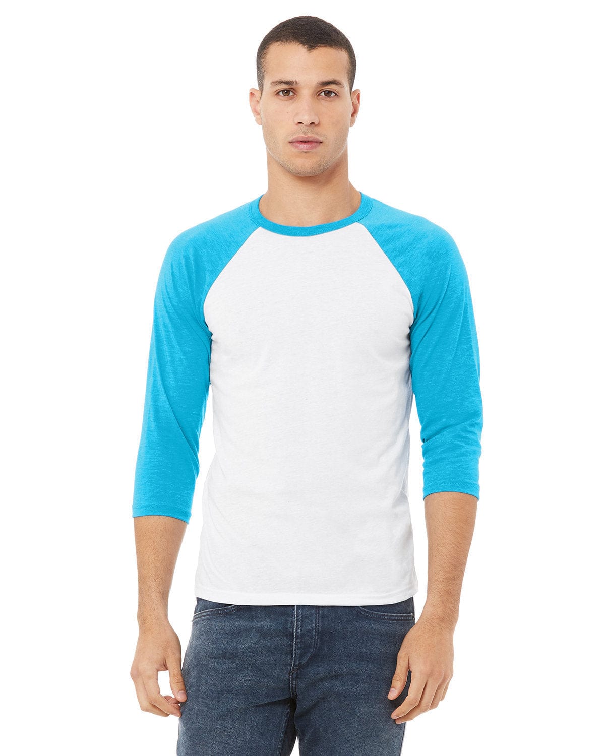 Bella+Canvas 3200: Unisex 3/4-Sleeve Baseball T-Shirt in White/ Neon Blue