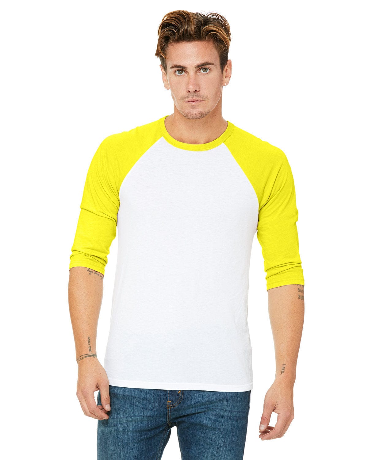 Bella+Canvas 3200: Unisex 3/4-Sleeve Baseball T-Shirt in Wht/ Neon Yellow
