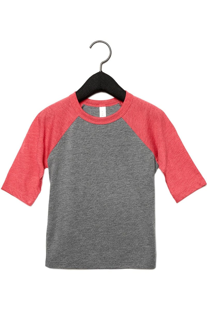 Bella+Canvas 3200T Toddler 3/4-Sleeve Baseball T-Shirt in Grey/ Red Trblnd
