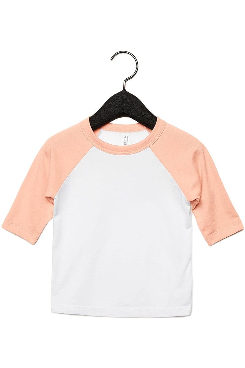 Bella+Canvas 3200T Toddler 3/4-Sleeve Baseball T-Shirt in White/ Hth Peach