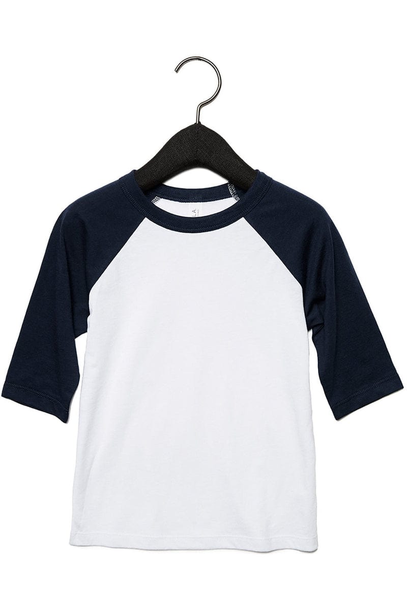 Bella+Canvas 3200T Toddler 3/4-Sleeve Baseball T-Shirt in White/ Navy