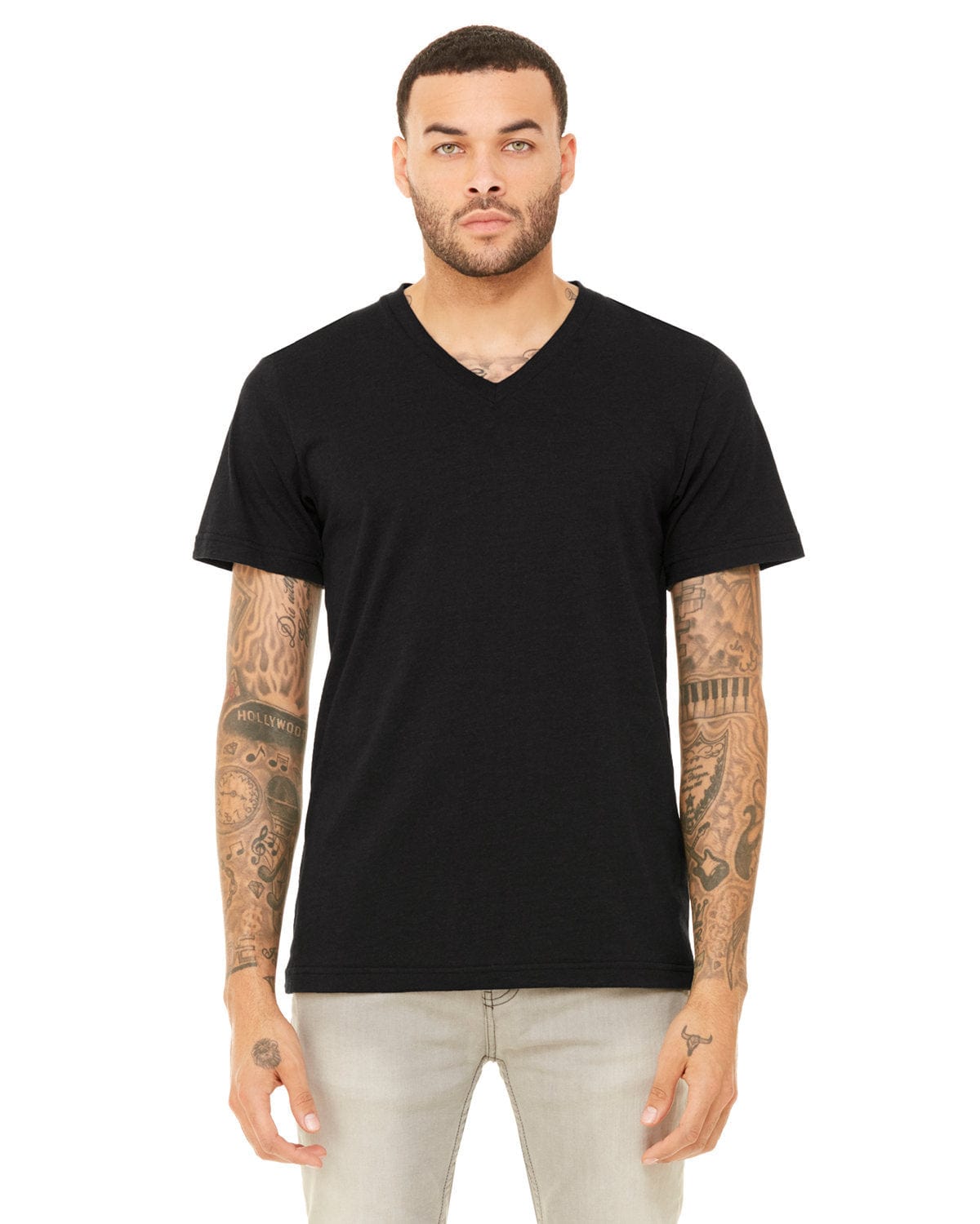 Bella+Canvas 3415C: Unisex Triblend V-Neck T‑Shirt in Blk Hthr Triblnd
