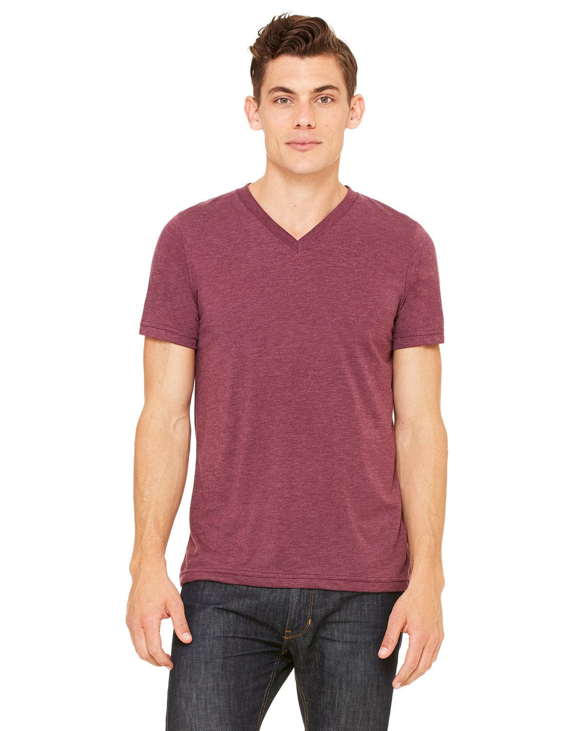 Bella+Canvas 3415C: Unisex Triblend V-Neck T‑Shirt in Maroon Triblend