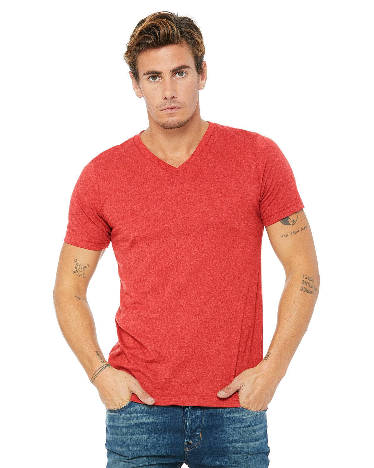 Bella+Canvas 3415C: Unisex Triblend V-Neck T‑Shirt in Red Triblend