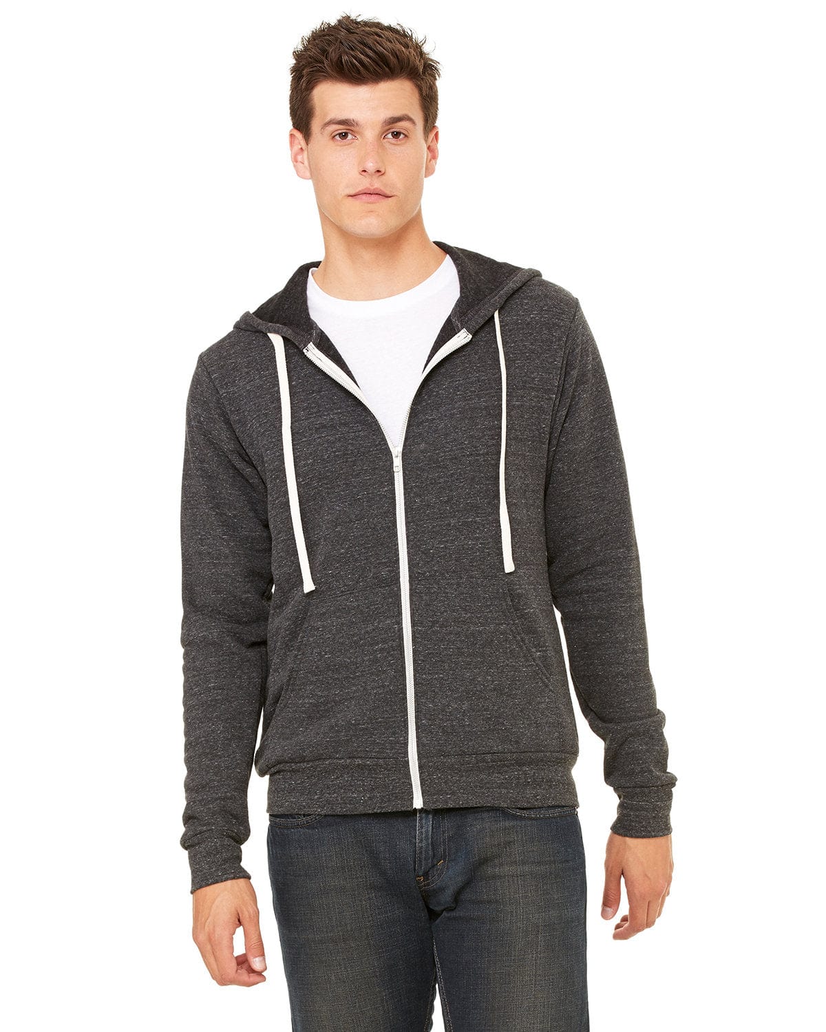 Bella+Canvas 3909: Unisex Triblend Sponge Fleece Full-Zip Hoodie in Char Blk Triblnd