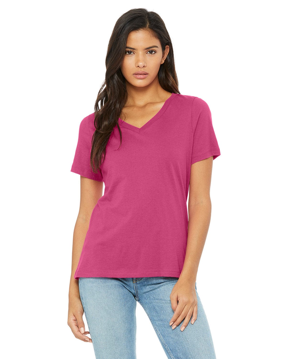 Bella+Canvas 6405: Ladies' Relaxed Jersey Short-Sleeve V-Neck T-Shirt in Berry