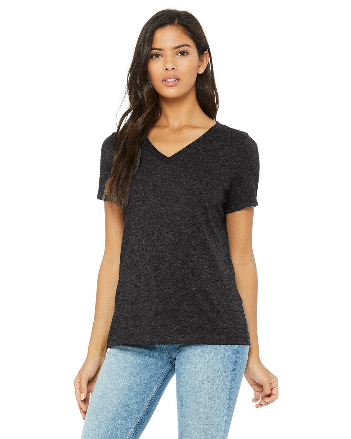 Bella+Canvas 6405CVC Ladies' Relaxed Heather CVC Jersey V-Neck T-Shirt in Dark Gry Heather