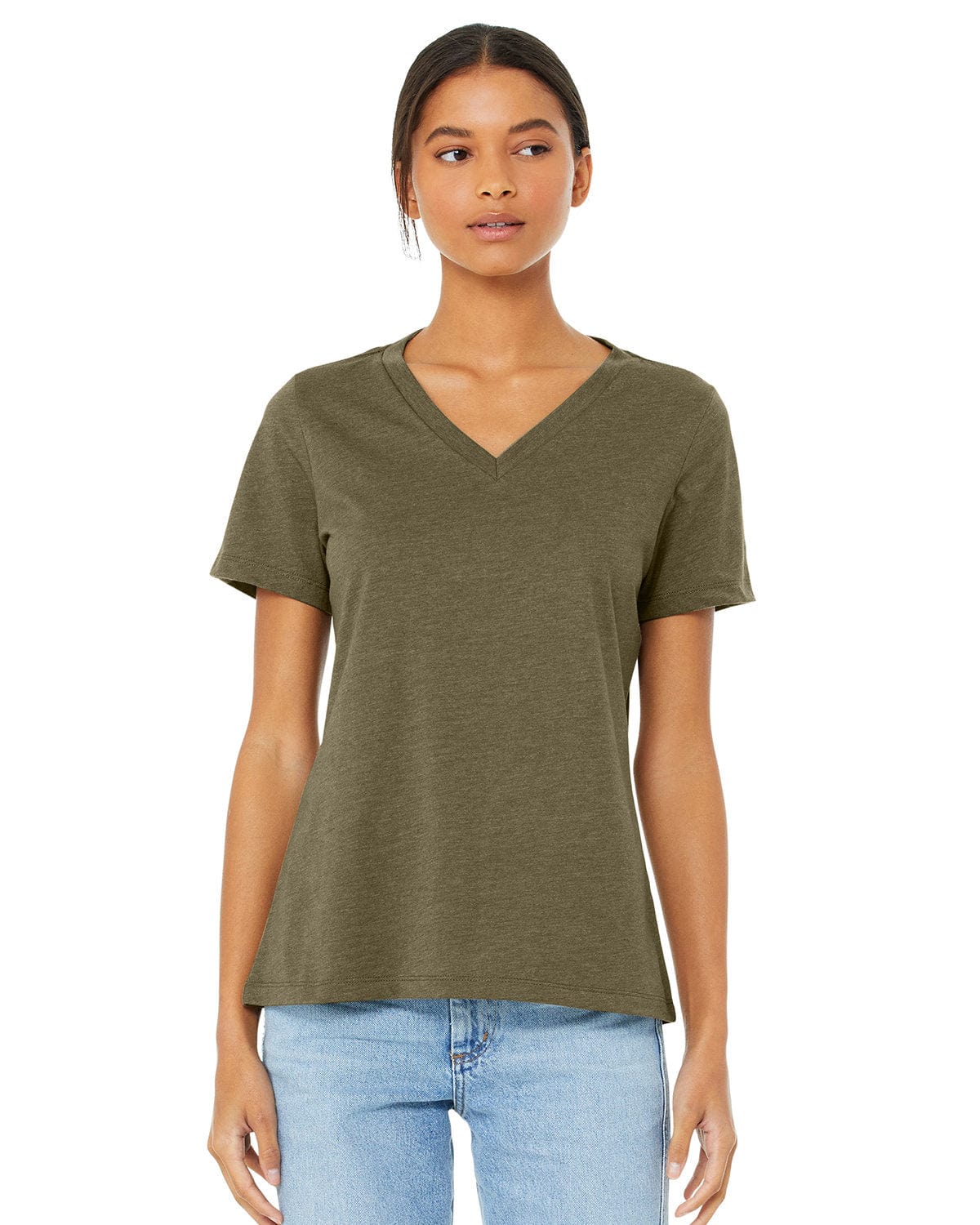 Bella+Canvas 6405CVC Ladies' Relaxed Heather CVC Jersey V-Neck T-Shirt in Heather Olive