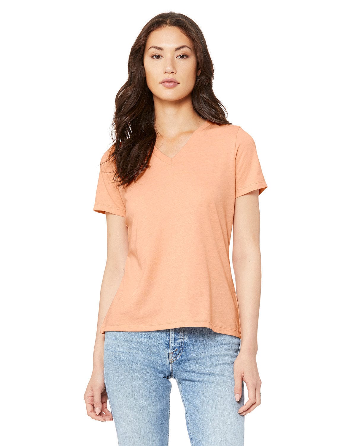 Bella+Canvas 6405CVC Ladies' Relaxed Heather CVC Jersey V-Neck T-Shirt in Heather Peach
