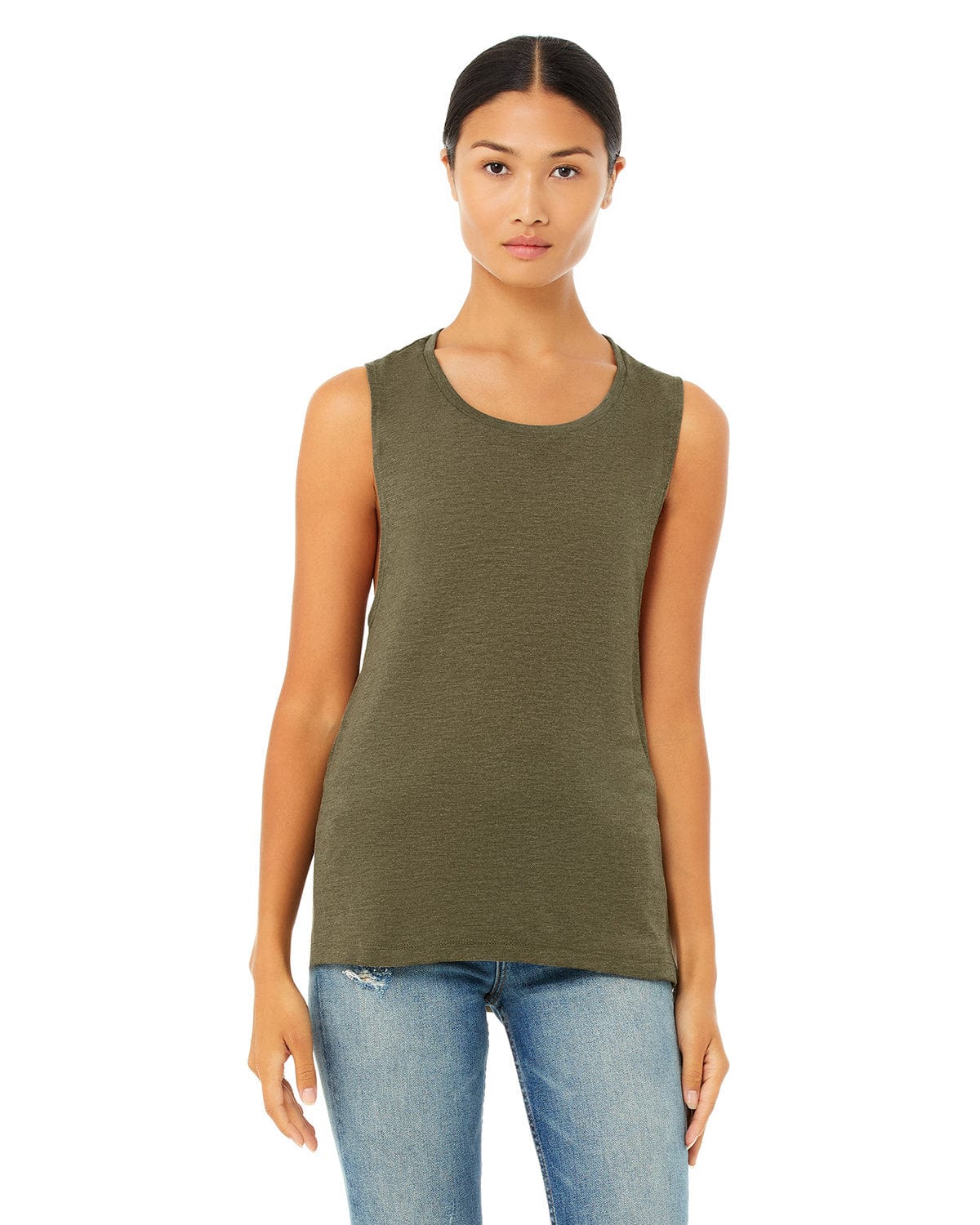 Bella+Canvas B8803: Ladies' Flowy Scoop Muscle Tank in Heather Olive