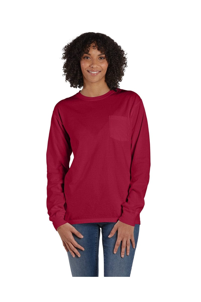 ComfortWash by Hanes GDH250: Unisex 5.5 oz., 100% Ringspun Cotton Garment-Dyed Long-Sleeve T-Shirt with Pocket in Crimson Fall