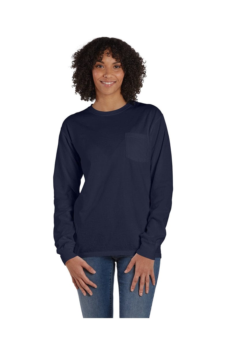 ComfortWash by Hanes GDH250: Unisex 5.5 oz., 100% Ringspun Cotton Garment-Dyed Long-Sleeve T-Shirt with Pocket in Navy