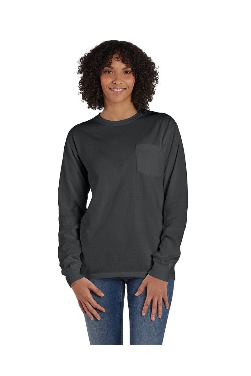 ComfortWash by Hanes GDH250: Unisex 5.5 oz., 100% Ringspun Cotton Garment-Dyed Long-Sleeve T-Shirt with Pocket in New Railroad