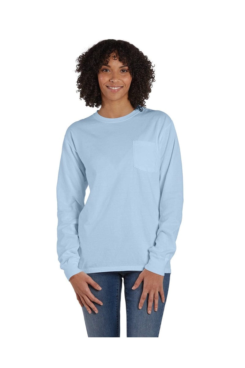 ComfortWash by Hanes GDH250: Unisex 5.5 oz., 100% Ringspun Cotton Garment-Dyed Long-Sleeve T-Shirt with Pocket in Soothing Blue