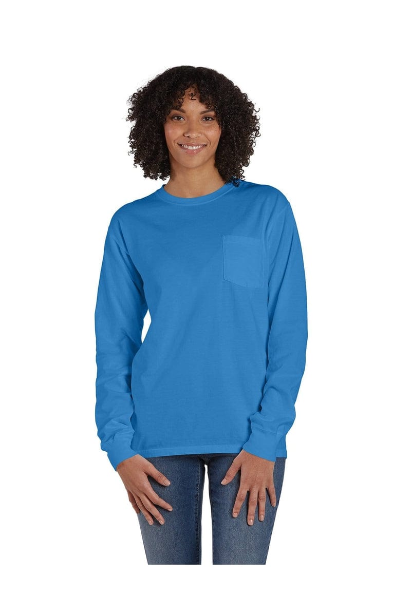 ComfortWash by Hanes GDH250: Unisex 5.5 oz., 100% Ringspun Cotton Garment-Dyed Long-Sleeve T-Shirt with Pocket in Summer Sky