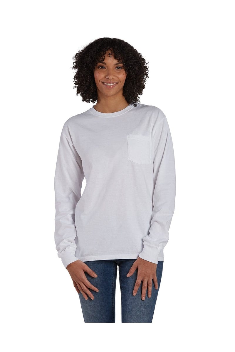 ComfortWash by Hanes GDH250: Unisex 5.5 oz., 100% Ringspun Cotton Garment-Dyed Long-Sleeve T-Shirt with Pocket in White